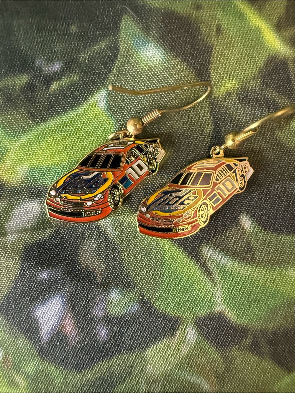 NASCAR Gold-Tone Race Car Enamel Dangle Earrings